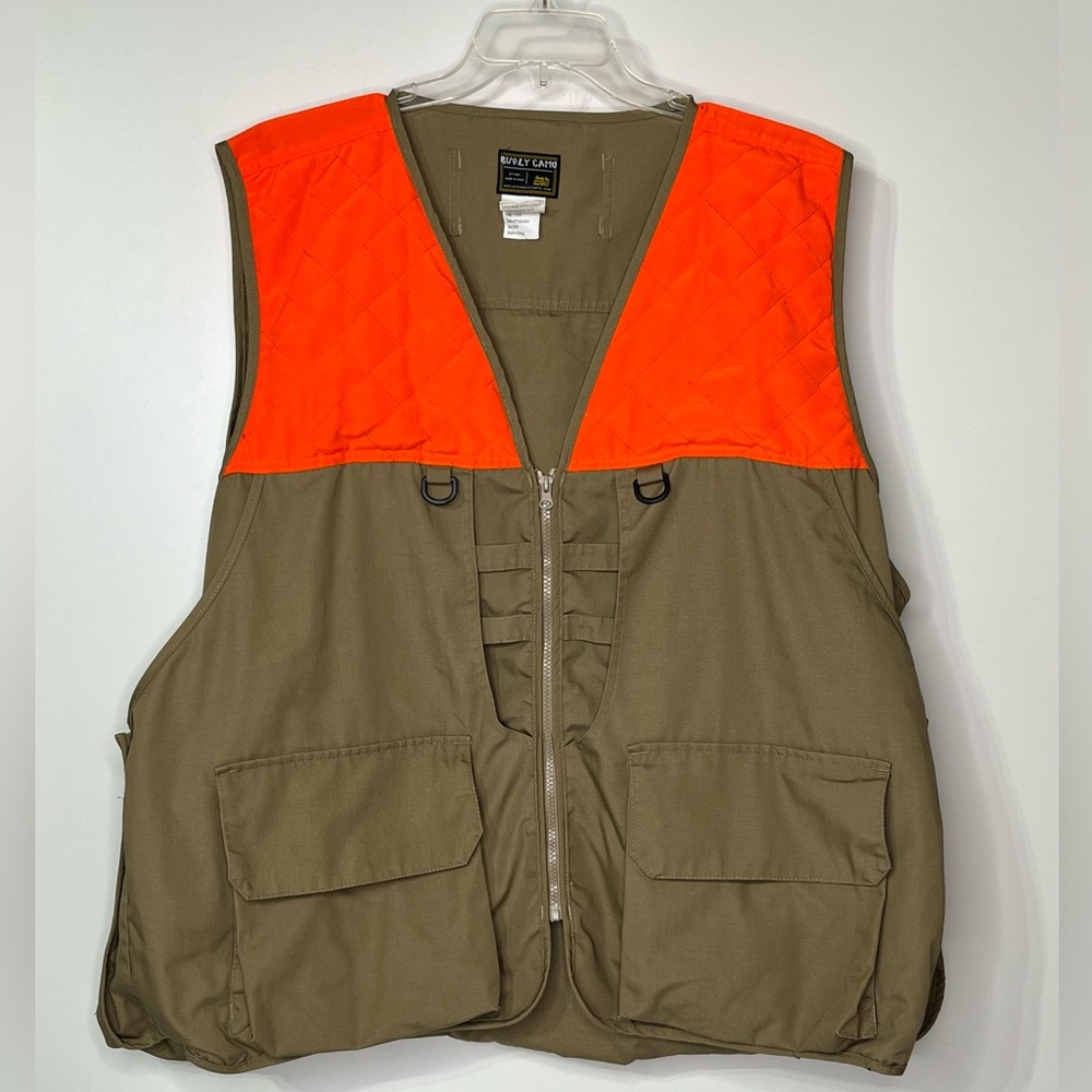 Burly Camo Zippered Men's 2XL Khaki/Orange Hunting Waterfowl‎ Vest Pockets/Bag